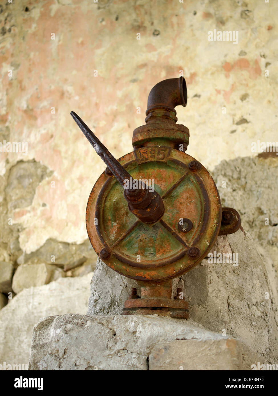 A valve on a hydrant Hum, the smallest town in the world, located in Croatia. Stock Photo