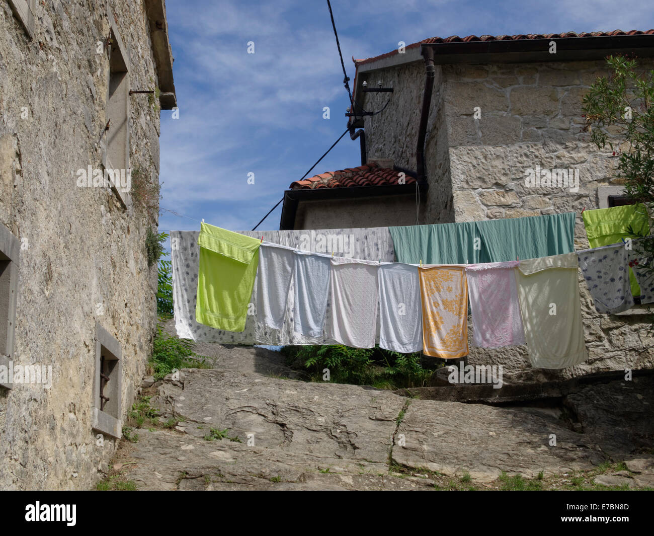 Drying clothes in Hum, the smallest town in the world, located in Croatia. Stock Photo