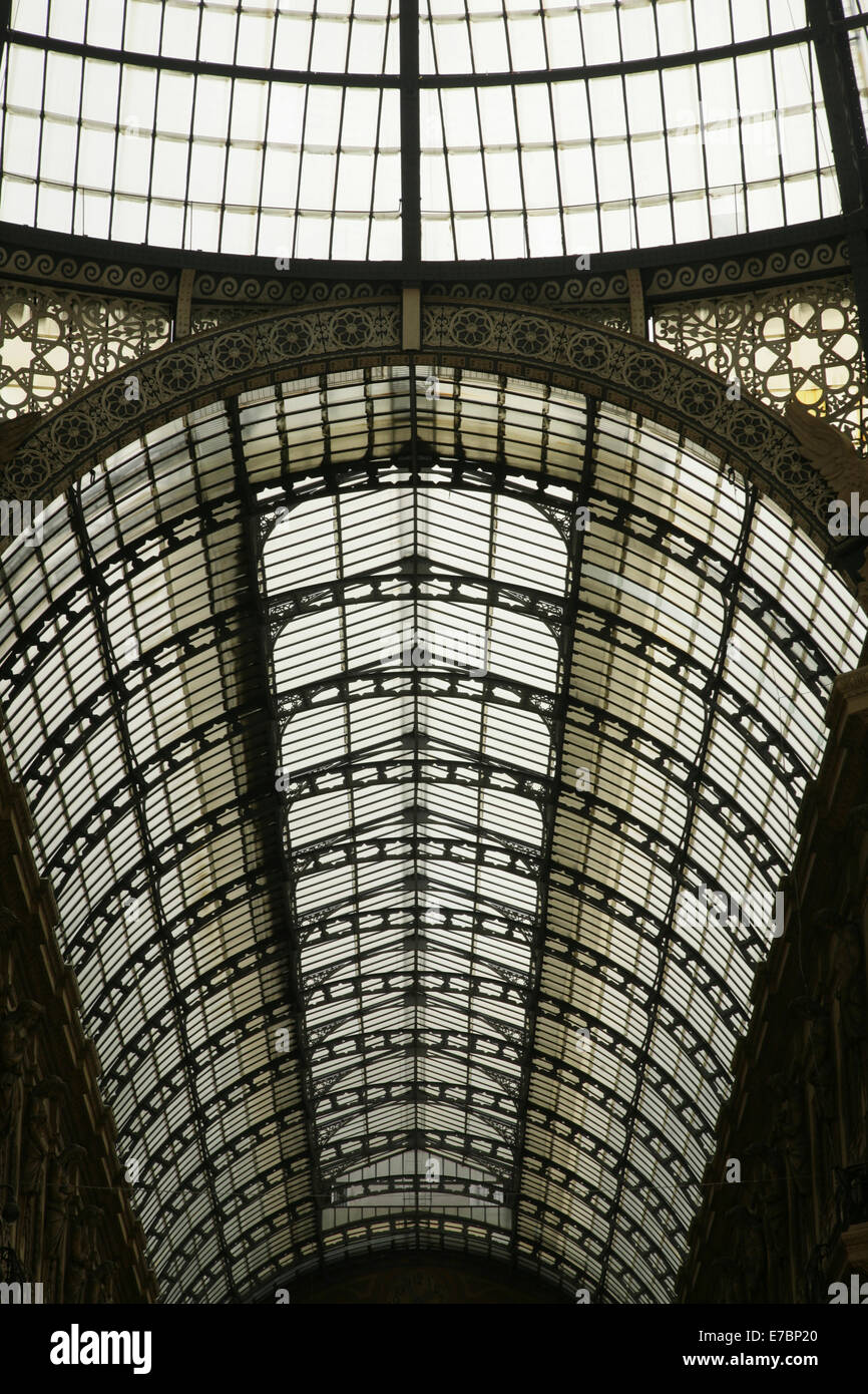 Glass and wrought iron canopy of the Galleria Vittoria Emanuele II, Milan, Italy. Stock Photo