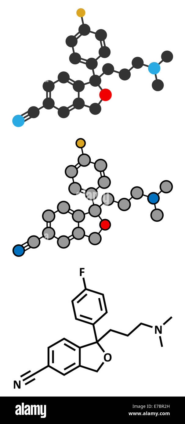 Citalopram anti-depressant drug molecule. Conventional skeletal formula and stylized representation, showing atoms (except hydro Stock Photo