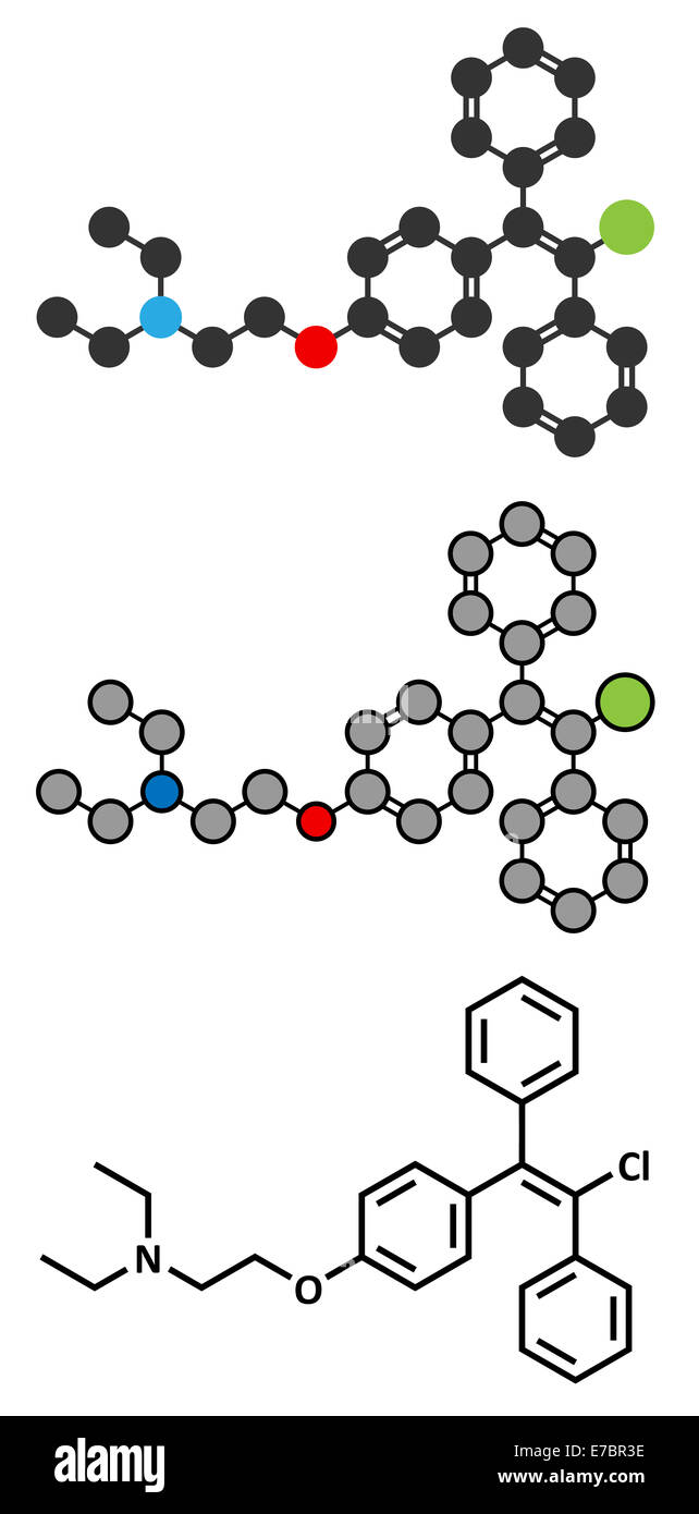 Clomifene (clomiphene) ovulation inducing drug molecule. The E-isomer (enclomifene) isomer is shown. Conventional skeletal formu Stock Photo