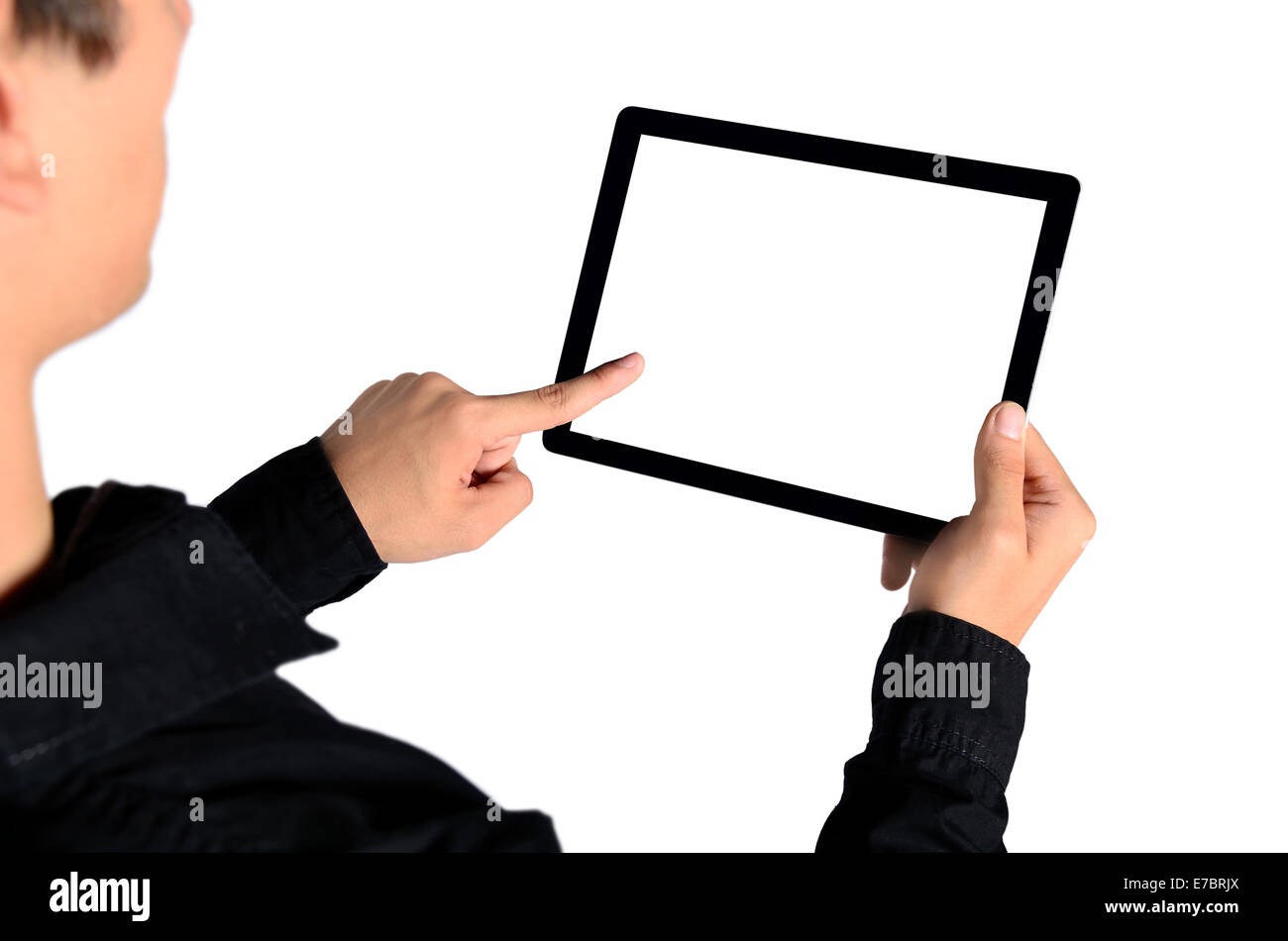 Isolated young business man using tablet with blank screen Stock Photo ...