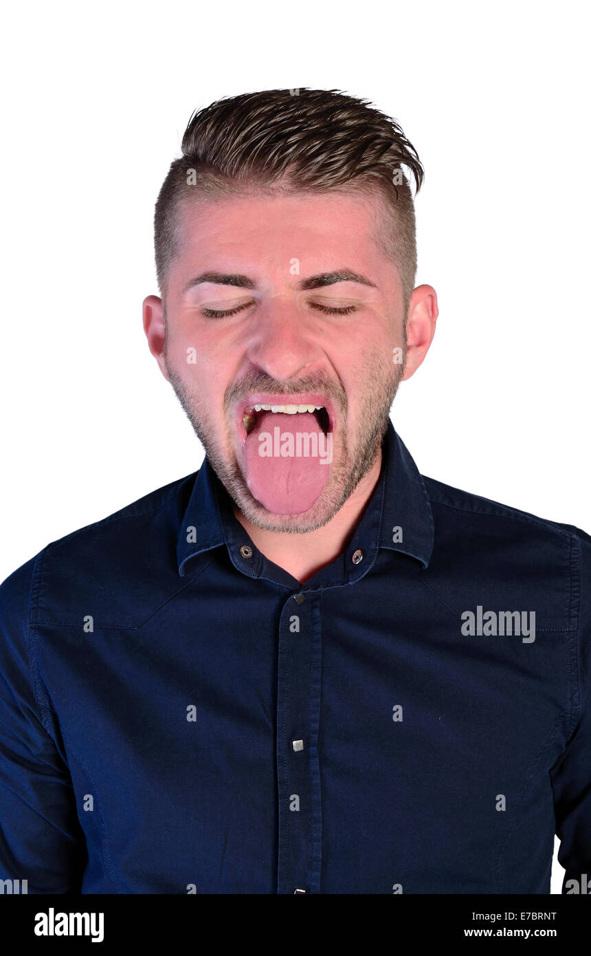 young man expression blah on white background Stock Photo