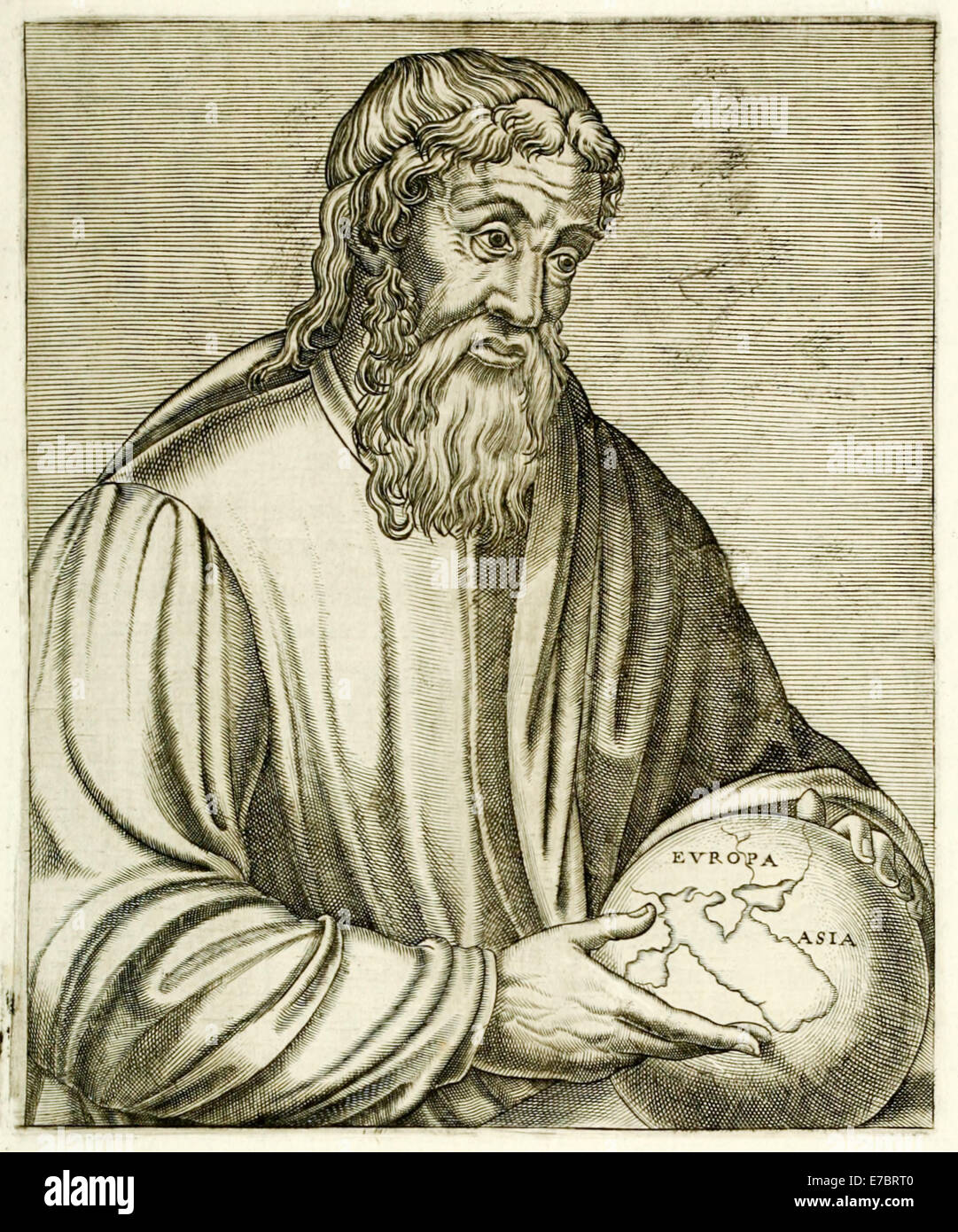 Strabo (64BC – 24AD) Greek geographer and historian who travelled extensively throughout the Mediterranean and Near East, his best known work is ‘Geographica’. Engraving by  Frère André Thévet (1516-1590). See description for more information. Stock Photo