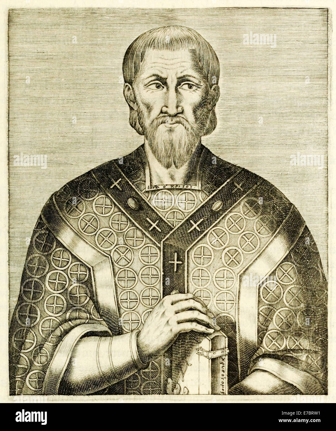 John Chrysostom (349-407), Archbishop of Constantinople, early Father of the Church, Christian theologian and one of the Three Holy Hierarchs, shown holding a Gospel book. Engraving by  Frère André Thévet (1516-1590) from 1594 Latin Edition of ''True Portraits and Lives of Illustrious Men'. Stock Photo