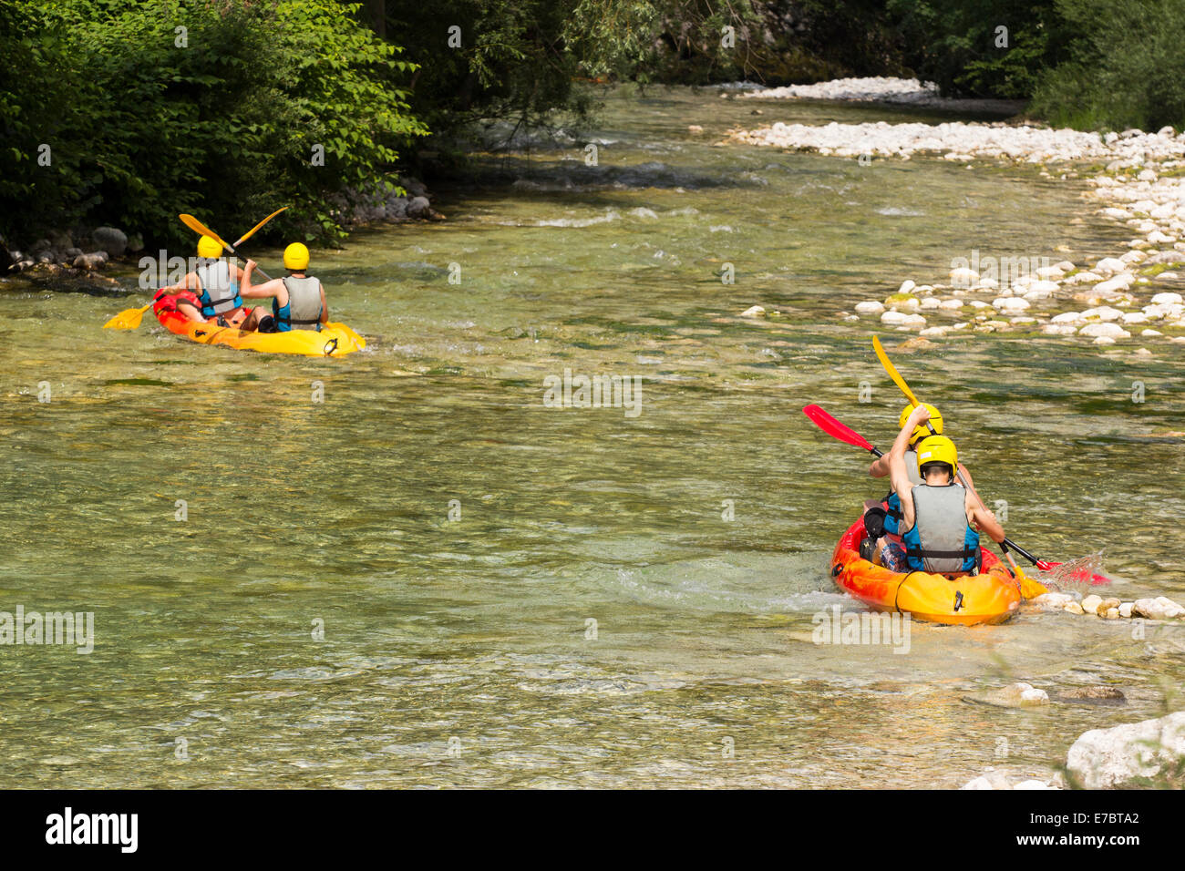 White water rafting on the river Soca in Slovenia. Stock Photo