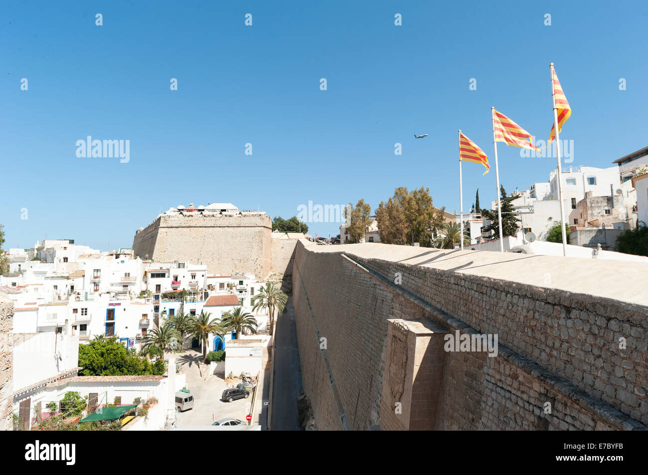Baleric Islands flags, Ibiza castle fort, Dalt Vila, Old Town, Ibiza ...