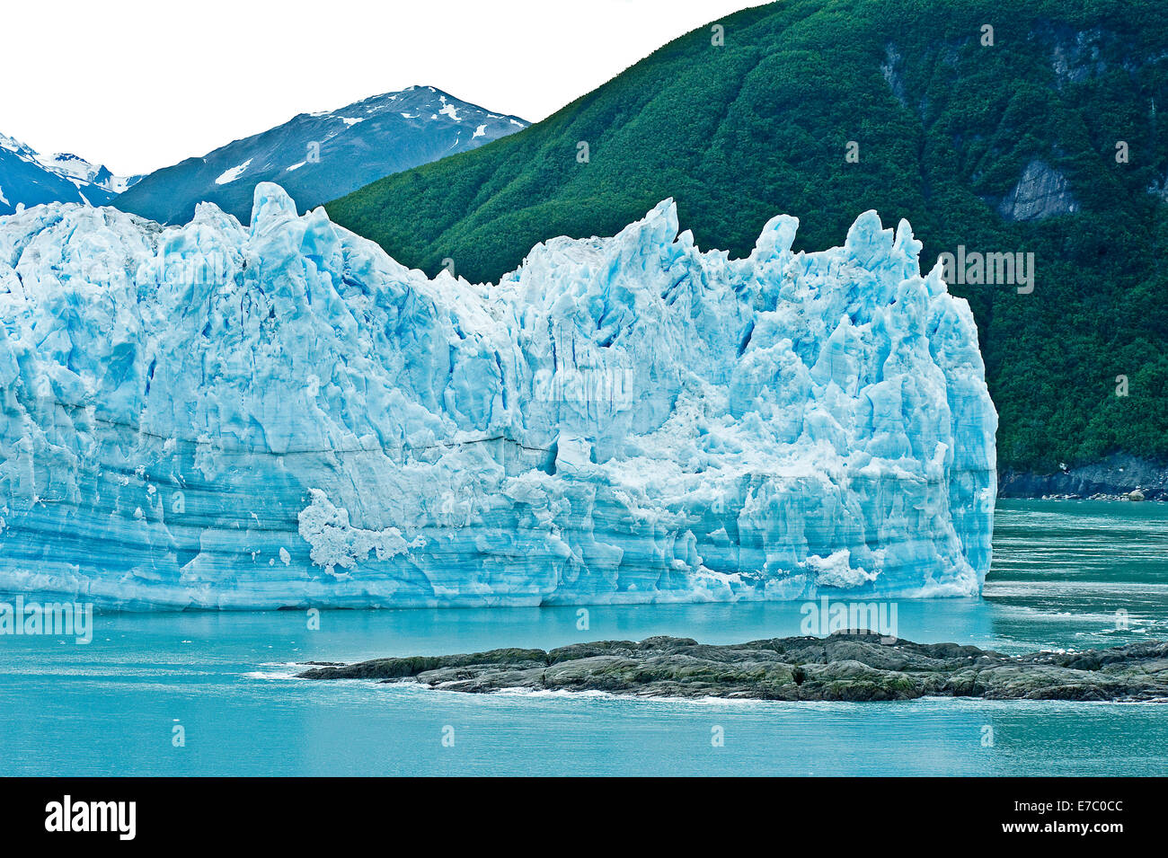 Lines appear on the front of the blue and white ice of Hubbard Glacier / Green Alaska trees in St. Elias and rocks in Disenchantment Bay Stock Photo
