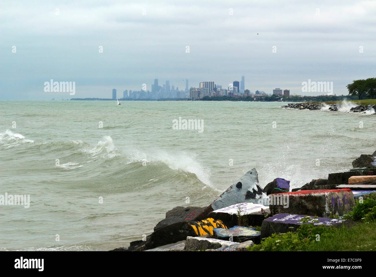 Lake Michigan shore, Evanston, Illinois with rock painted to look like