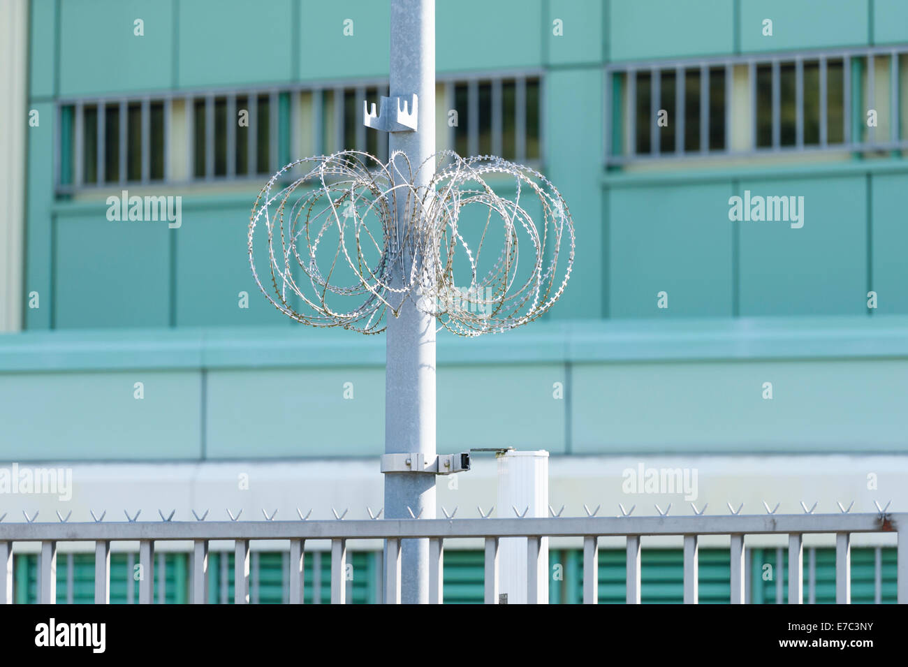 Barbed wire at the fence of the nuclear power plant Beznau, Switzerland. Stock Photo