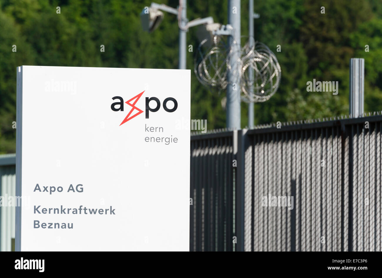 Entry sign of operator Axpo at the nuclear power plant Beznau, Switzerland at the Aare river. Stock Photo
