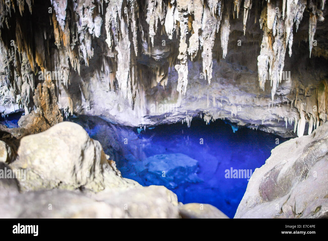 Blue cave lake with stalactites in Brazil Stock Photo