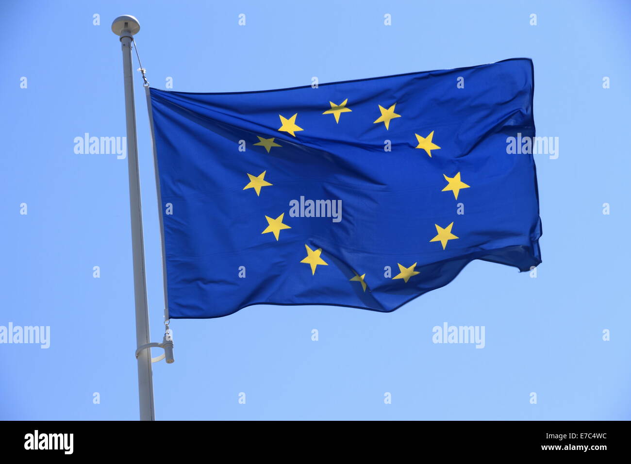 European flag with twelve yellow stars on blue sky, horizontal Stock Photo