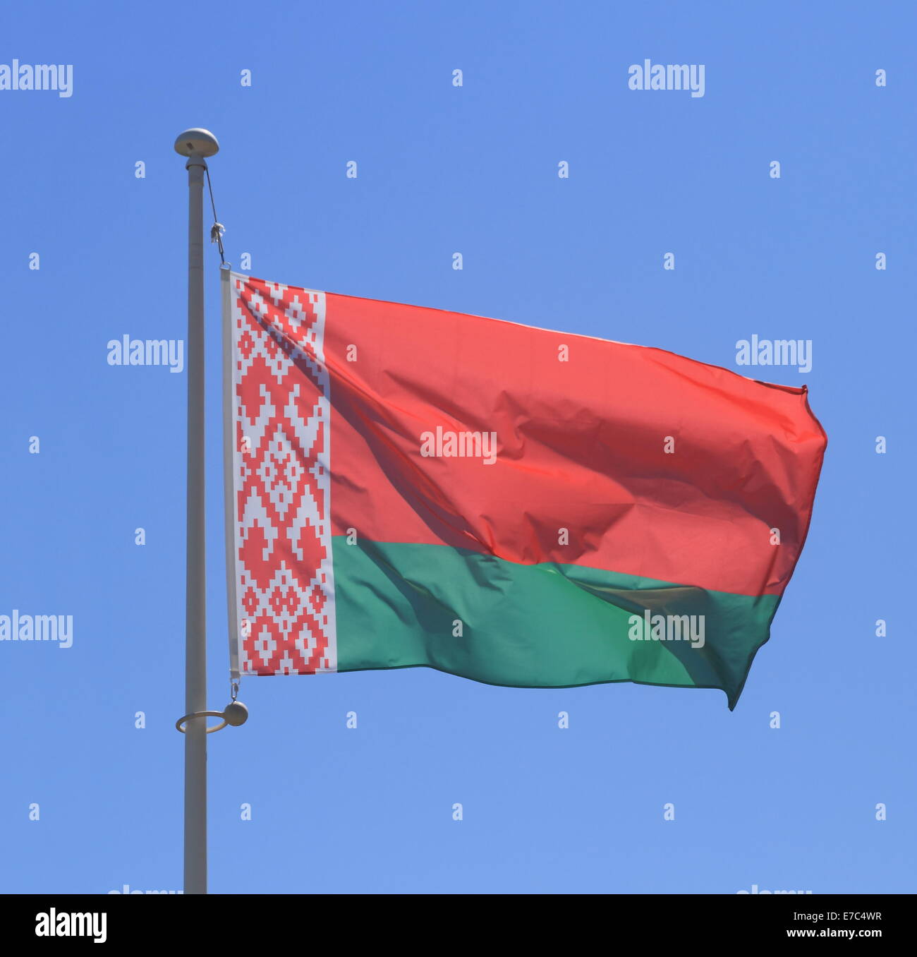 Belarus flag on blue sky, close up Stock Photo