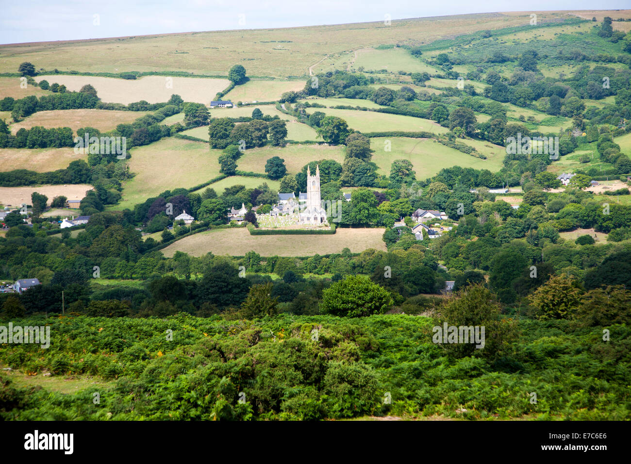 Saint Pancras church and the village of Widecombe-in-the-Moor, Dartmoor national park, Devon, England Stock Photo