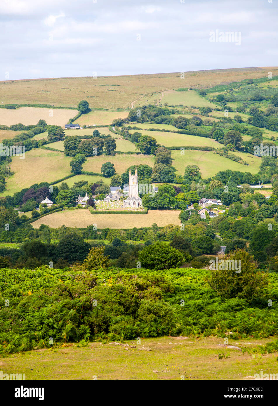 Saint Pancras church and the village of Widecombe-in-the-Moor, Dartmoor national park, Devon, England Stock Photo