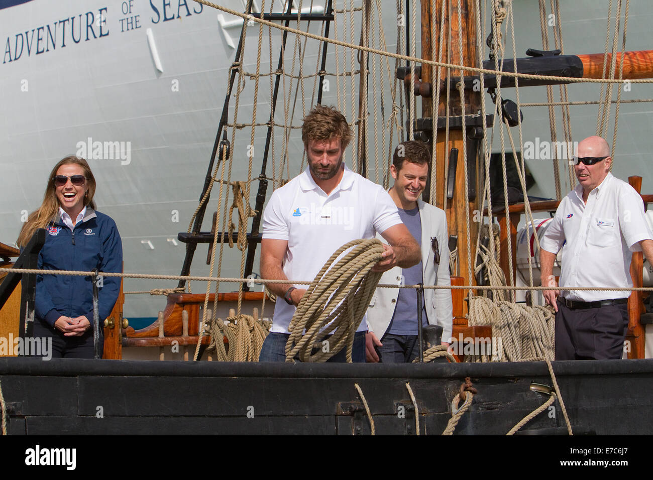 Joe Dixie Goodman, Iain Percy and Matt Baker at the Southampton boat show 2014 Stock Photo