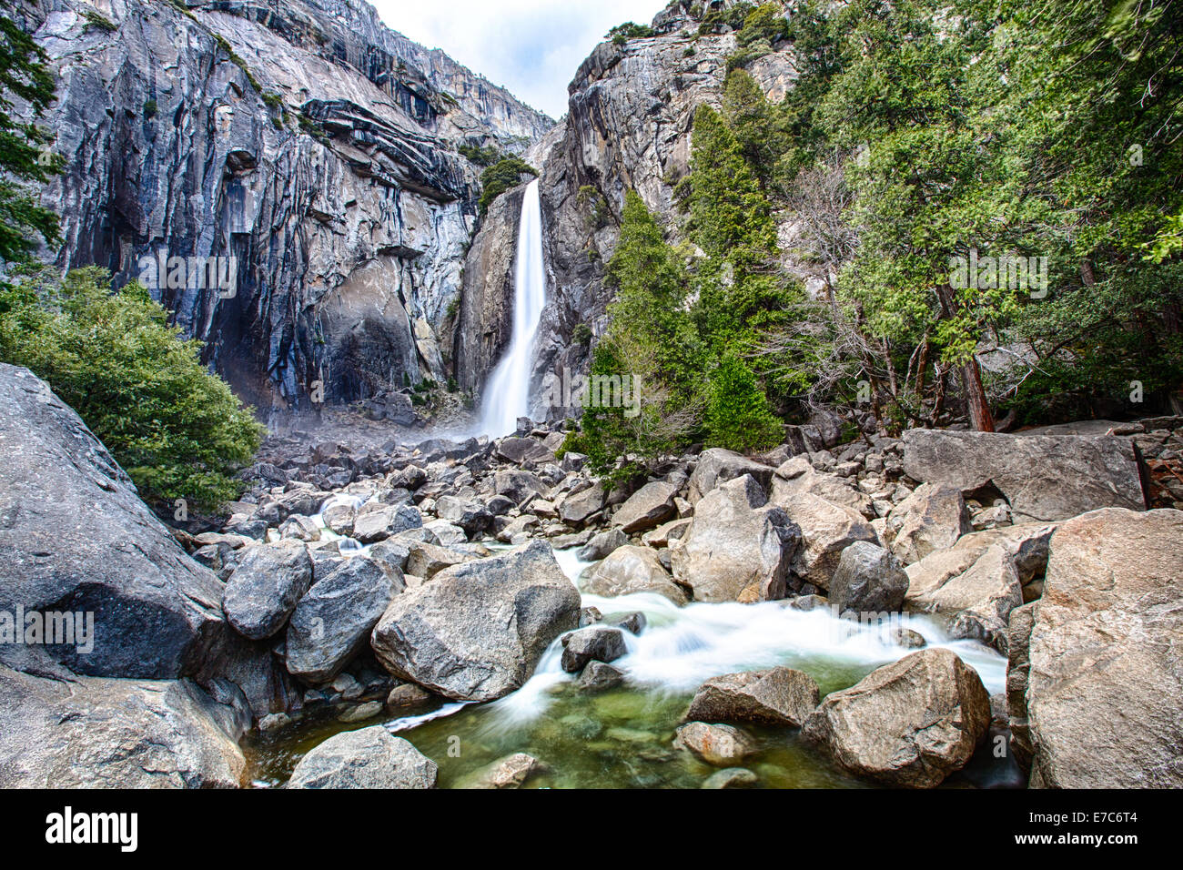 Lower Yosemite Falls and the pools below. Yosemite National Park. Stock Photo