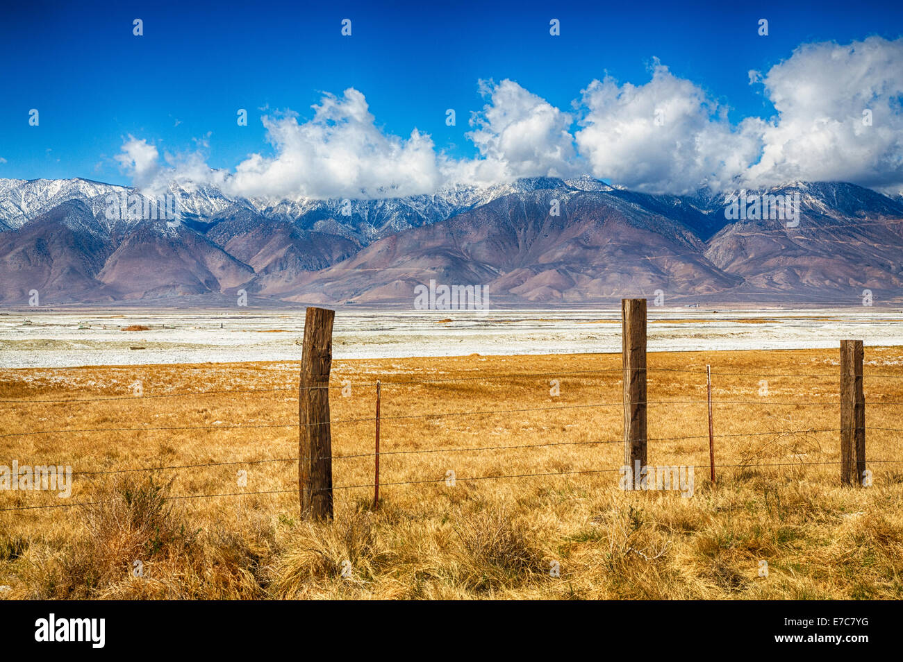 The fields of an old farm at the foot of the Eastern Sierra Nevada Mountain Range. California, USA Stock Photo