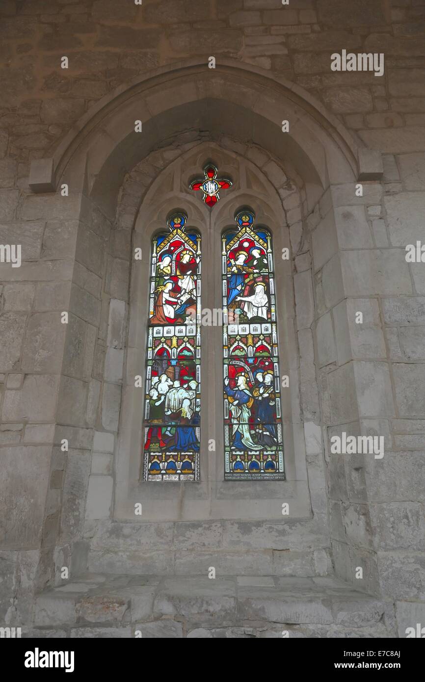 Edlesborough, Buckinghamshire, UK. 13th September 2014. Heritage Open Days.  The 13th Century Church of St Mary the Virgin, built of local limestone.  Stained glass window. Credit:  Neville Styles/Alamy Live News Stock Photo