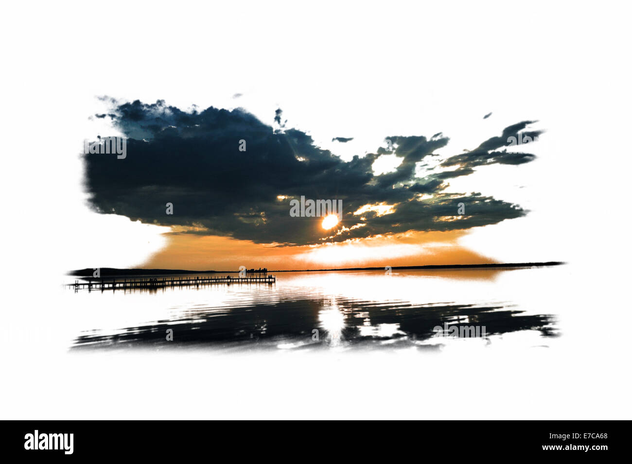 Graphics of Dramatic evening sky above the lake with a wooden pier in the foreground, Steinhude am Meer, Lower Saxony. Stock Photo