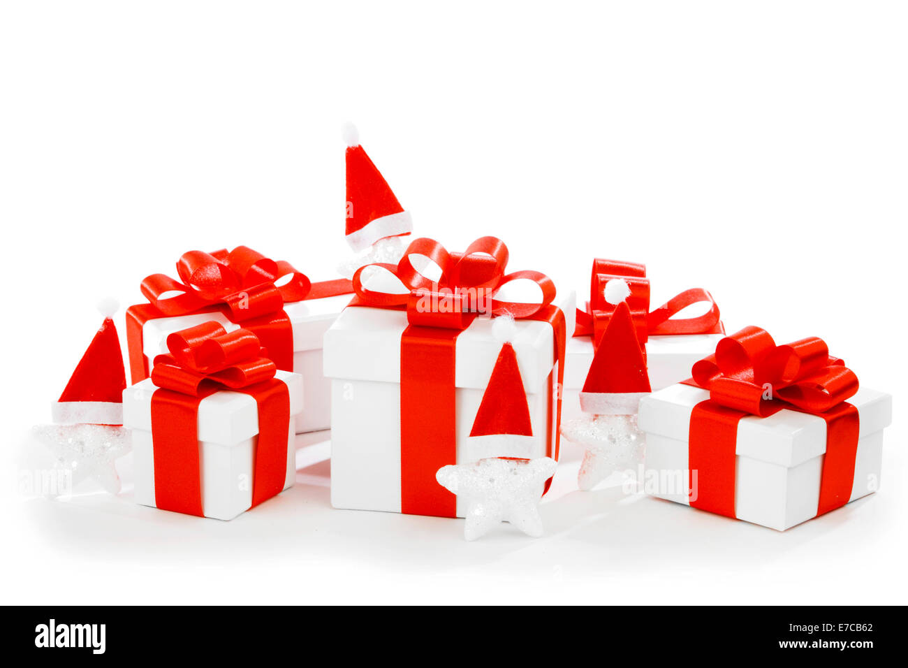 White gift box with red ribbon bow isolated on white background close ...