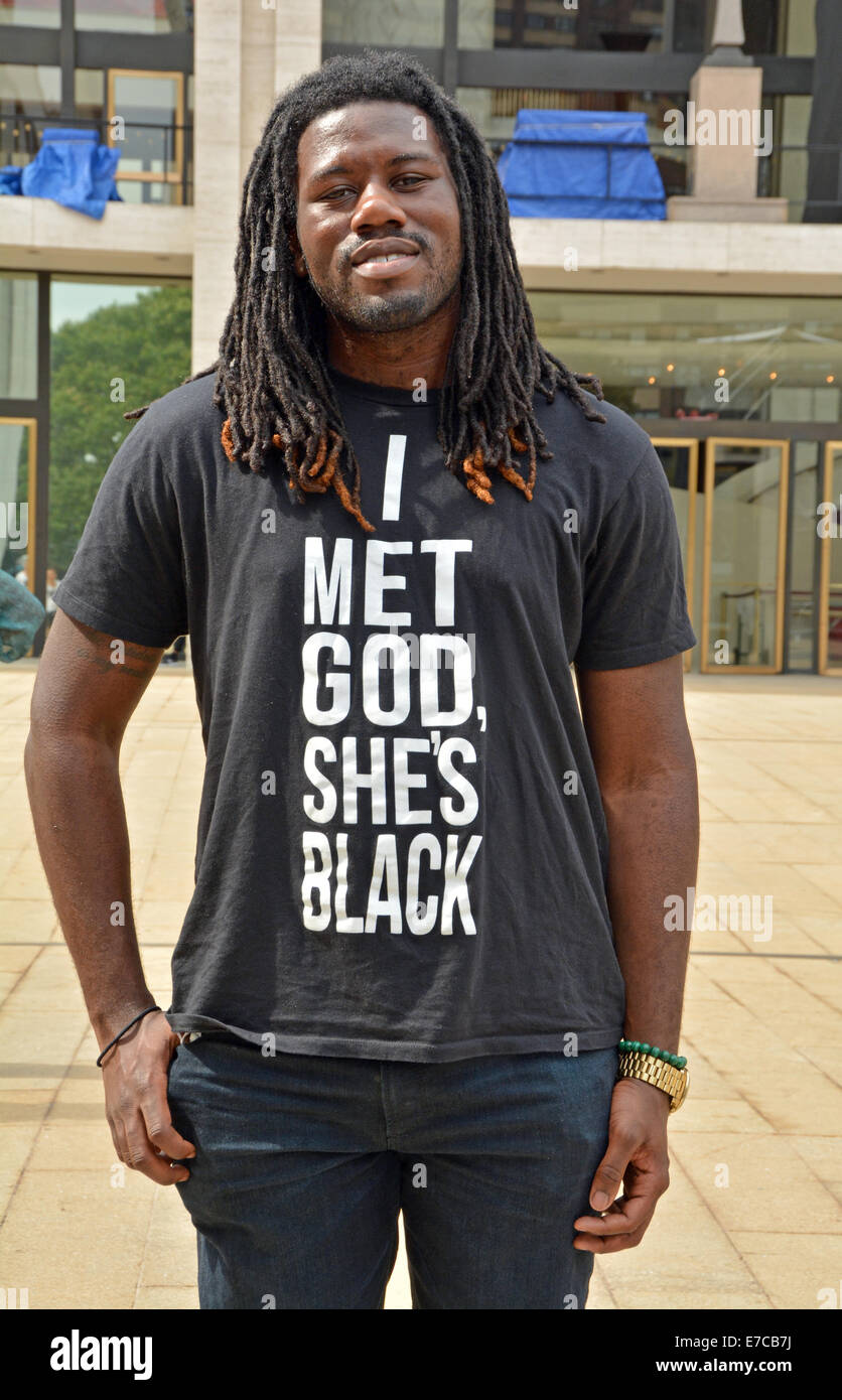 Portrait of a style editor with a funny tee shirt at Fashion Week 2014 in New York City. Stock Photo