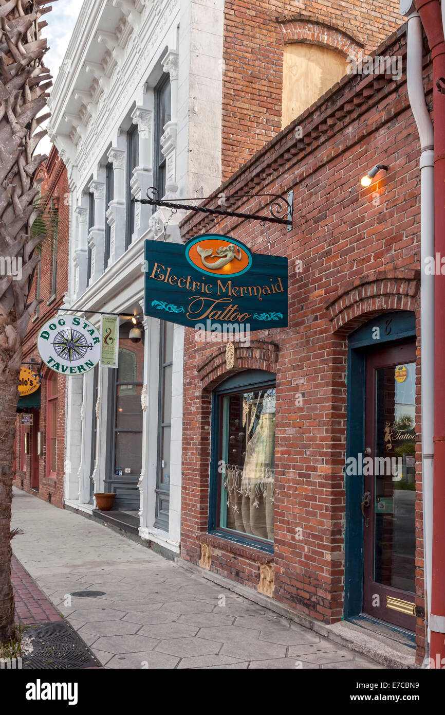Electric Mermaid Tattoo Shop on North 2nd Street in the historic district of Fernandina Beach, Florida, USA. Stock Photo