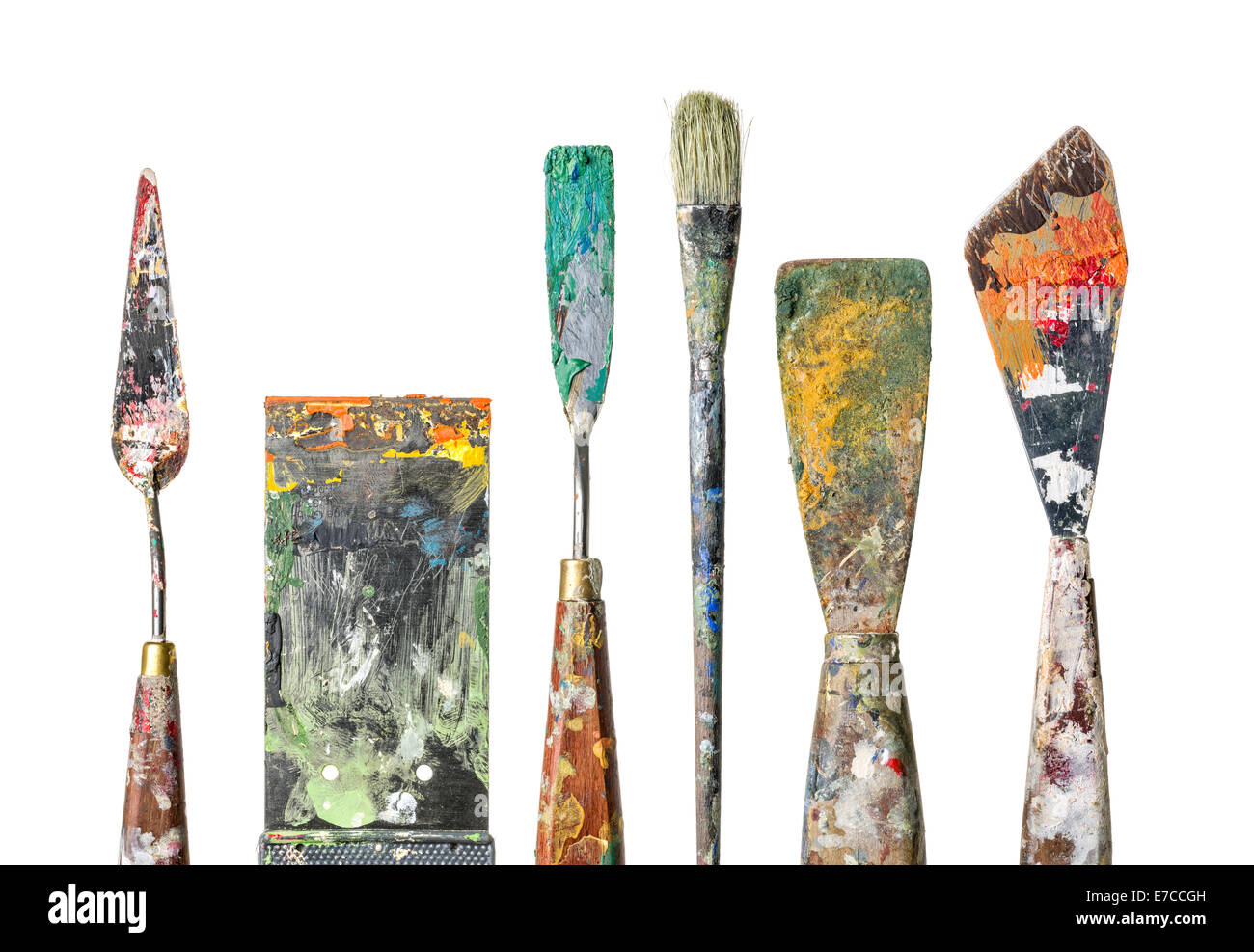 Various palette knives and a brush on a white background Stock Photo