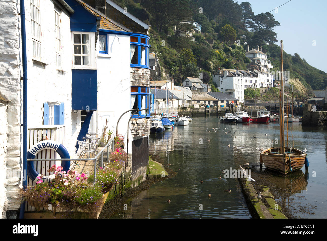 Fishing village houses and rooftops at traditional historic Polperro, Cornwall, England Stock Photo