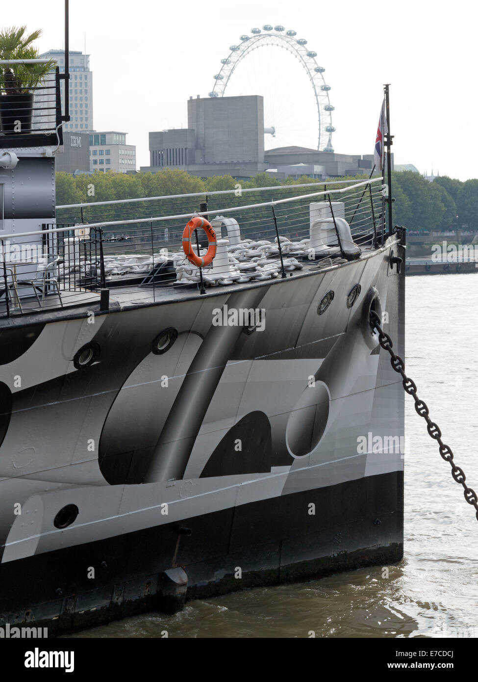 Prow of HMS President painted in 'surreal dazzle' camouflage designed by Tobias Rehberger River Thames, London Stock Photo
