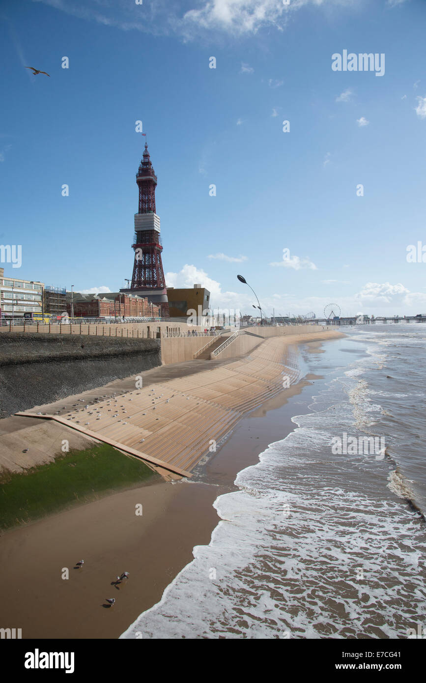 Blackpool seafront and famous tower seen from North Pier England UK