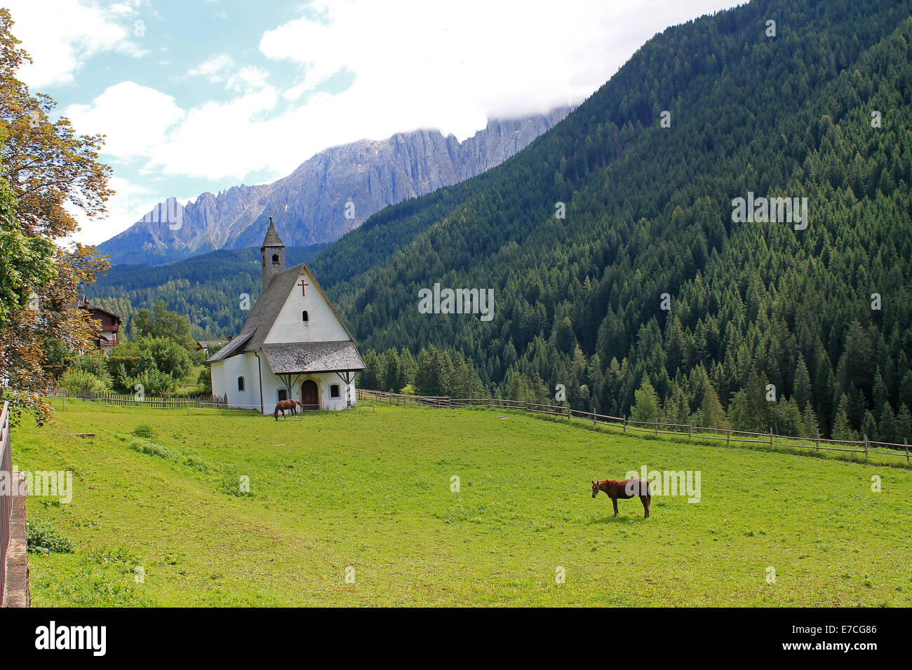Horses in front of a little church in the mountains Stock Photo