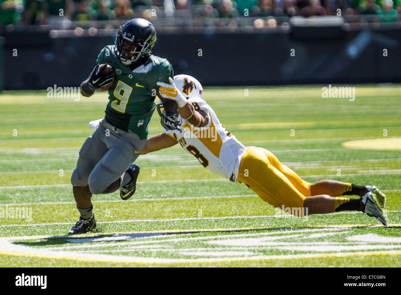 Sept. 13, 2014 - BYRON MARSHALL (9) runs his way into the endzone for a touchdown. The University of Oregon plays Wyoming at Autzen Stadium on September 13, 2014. © David Blair/ZUMA Wire/Alamy Live News Stock Photo