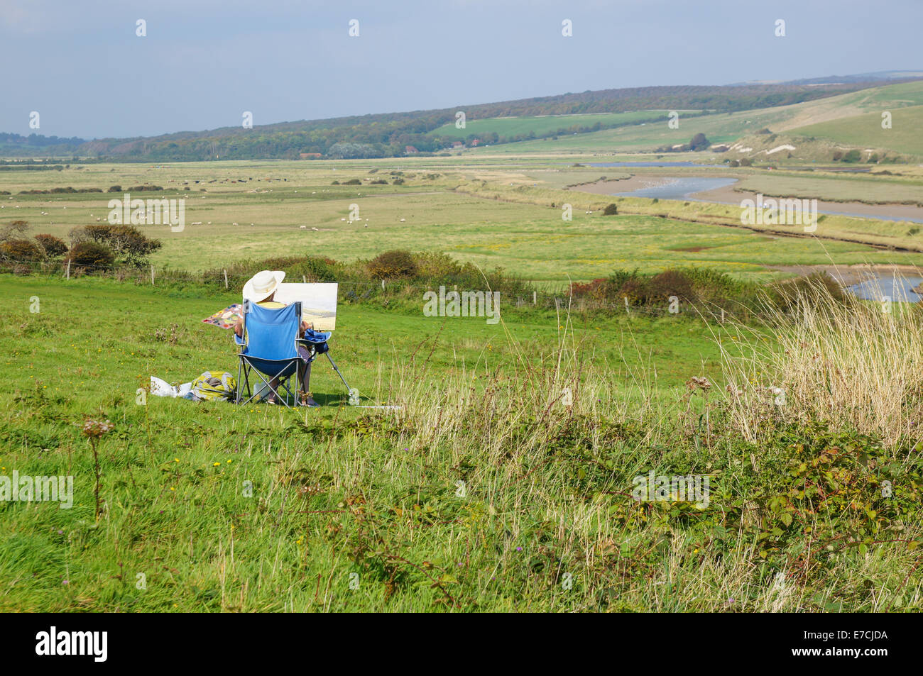 Artist painter in South Downs National Park near Seaford East Sussex England United Kingdom UK Stock Photo