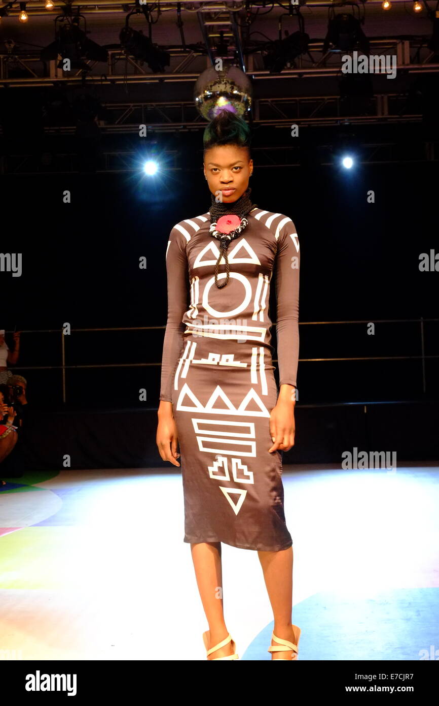 London, UK. 13th September, 2014. Fashion show featuring various African designers, including Bestow Elan, SOBOYE ), Sindiso Khumalo , AAKS ,held as part of Africa Utopia Credit:  Rachel Megawhat/Alamy Live News Stock Photo