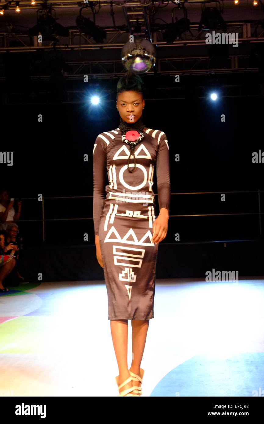 London, UK. 13th September, 2014. Fashion show featuring various African designers, including Bestow Elan, SOBOYE ), Sindiso Khumalo , AAKS ,held as part of Africa Utopia Credit:  Rachel Megawhat/Alamy Live News Stock Photo