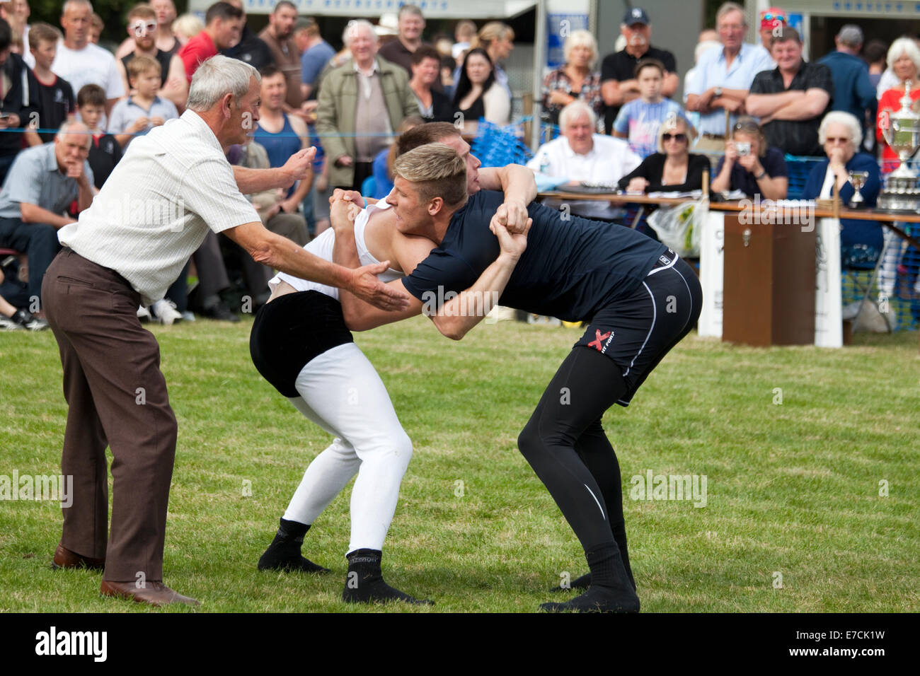 Stanhope, County Durham, England - September 13, 2014: Cumberland and Westmorland Wrestling competition at the Stanhope Show, a traditional Dales agricultural show with displays of livestock, produce and craft from the local area. Cumberland Wrestling is an ancient and well-practised tradition in the north country area of England. Credit:  AC Images/17�Թ����� Live News Stock Photo