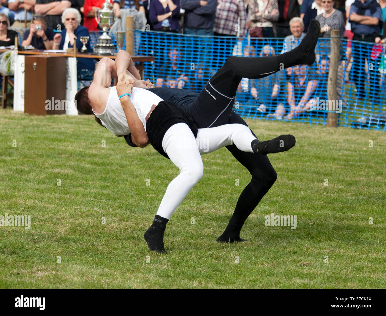 Stanhope, County Durham, England - September 13, 2014: Cumberland and Westmorland Wrestling competition at the Stanhope Show, a traditional Dales agricultural show with displays of livestock, produce and craft from the local area. Cumberland Wrestling is an ancient and well-practised tradition in the north country area of England. Credit:  AC Images/17�Թ����� Live News Stock Photo