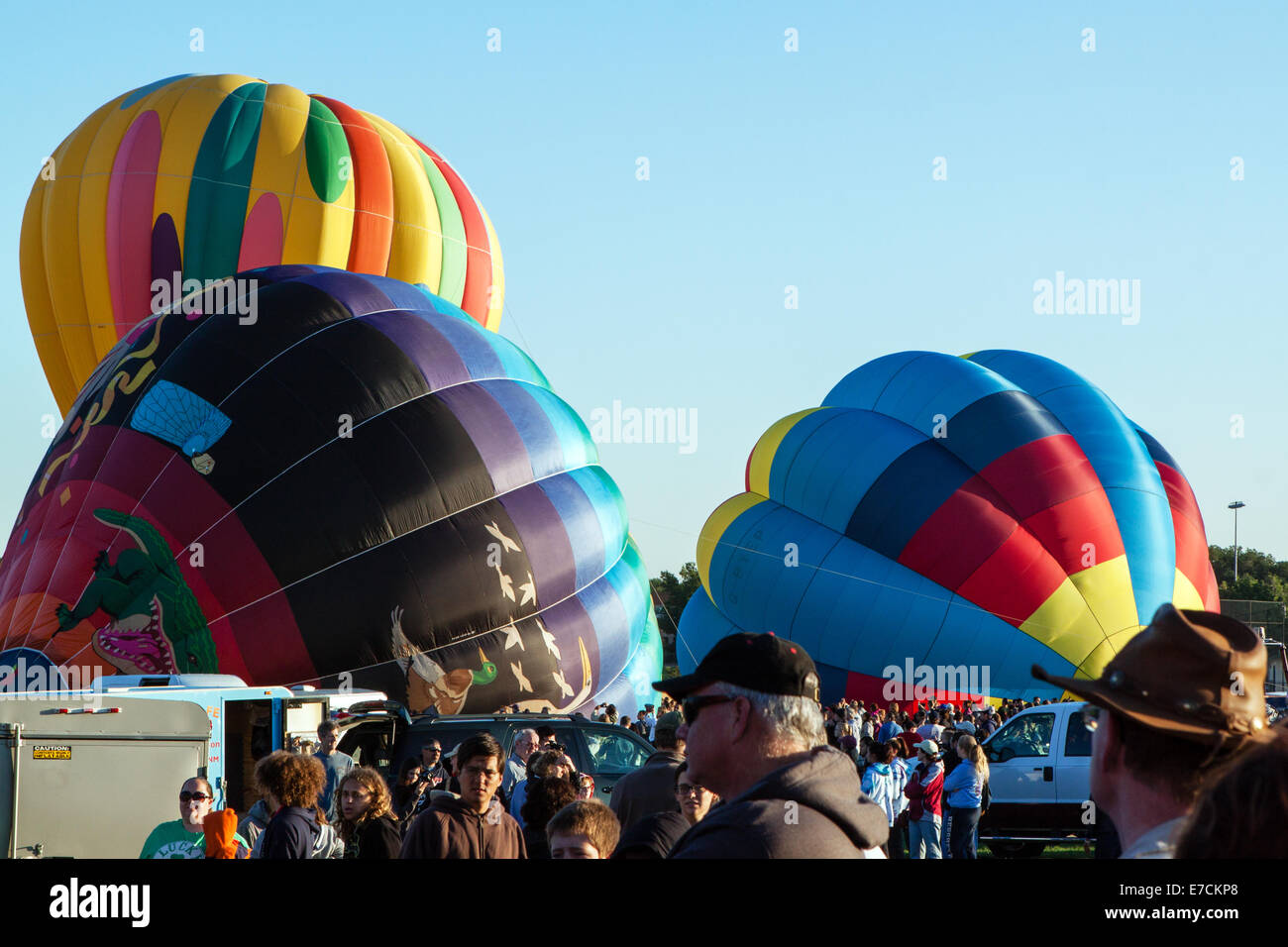 Balloons being inflated and prepped for launch Stock Photo