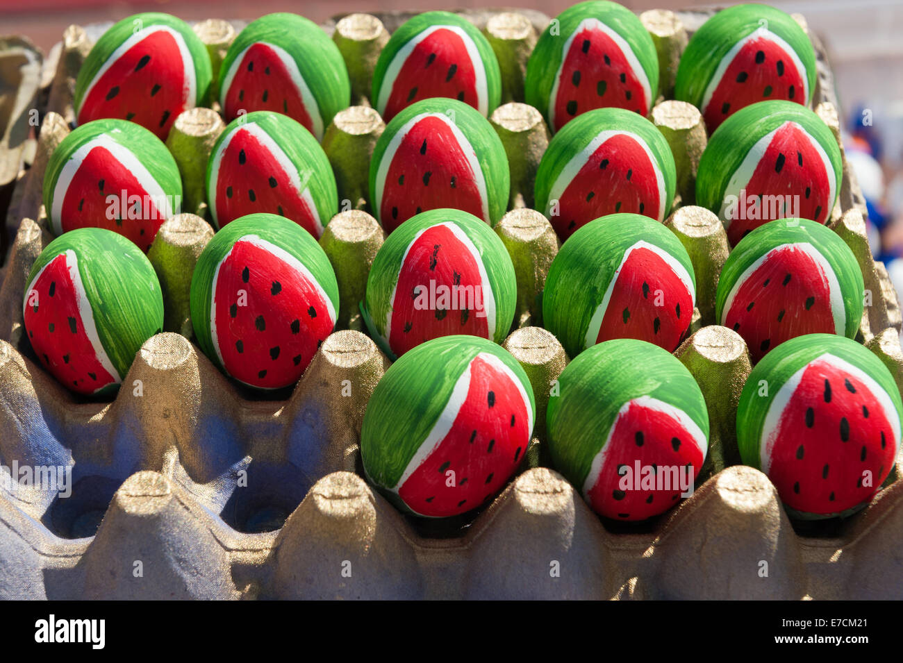 Egg shells filled with confetti & painted with different designs for sale at the 'fiesta', or 'Old Spanish Days' festival Stock Photo