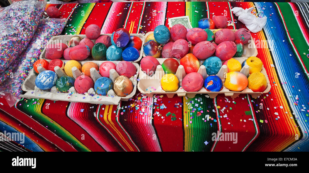 Egg shells filled with confetti & painted with different designs for sale at the 'fiesta', or 'Old Spanish Days' festival Stock Photo