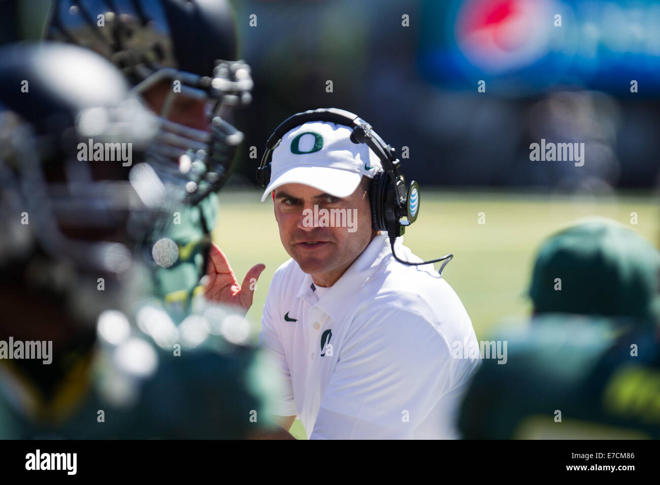 Oregon head coach MARK HELFRICH coaches during a time out. The