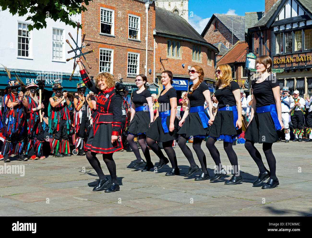 Folk dancing girls performing in York, North Yorkshire, England UK