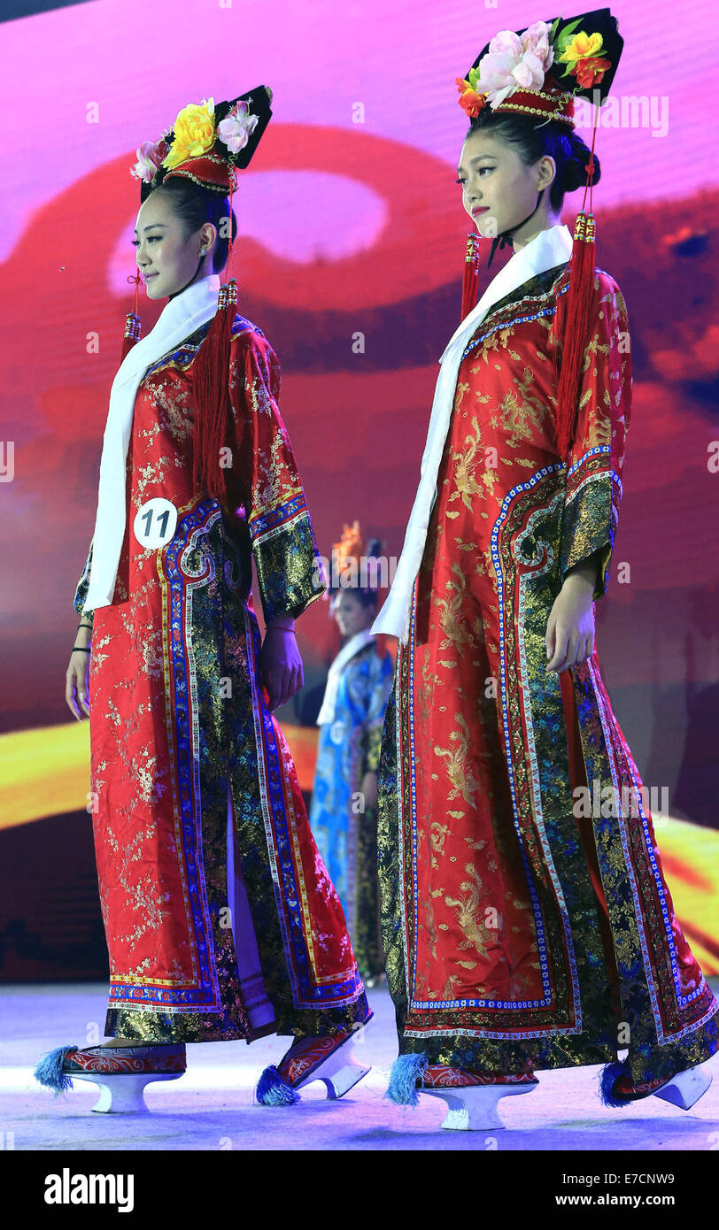 Zhangbei, China's Hebei Province. 13th Sep, 2014. Contestants attend the evening dress session of the 9th Miss China Pageant final in Zhangbei County, north China's Hebei Province, Sept. 13, 2014. © Li Mingfang/Xinhua/Alamy Live News Stock Photo