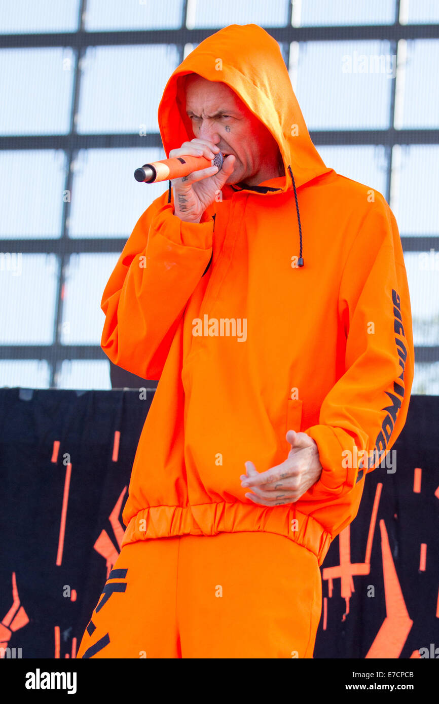 Chicago, Illinois, USA. 13th Sep, 2014. Rapper NINJA of the band Die Antwoord performs live at 2014 Riot Fest music festival at Humboldt Park in Chicago, Illinois © Daniel DeSlover/ZUMA Wire/Alamy Live News Stock Photo
