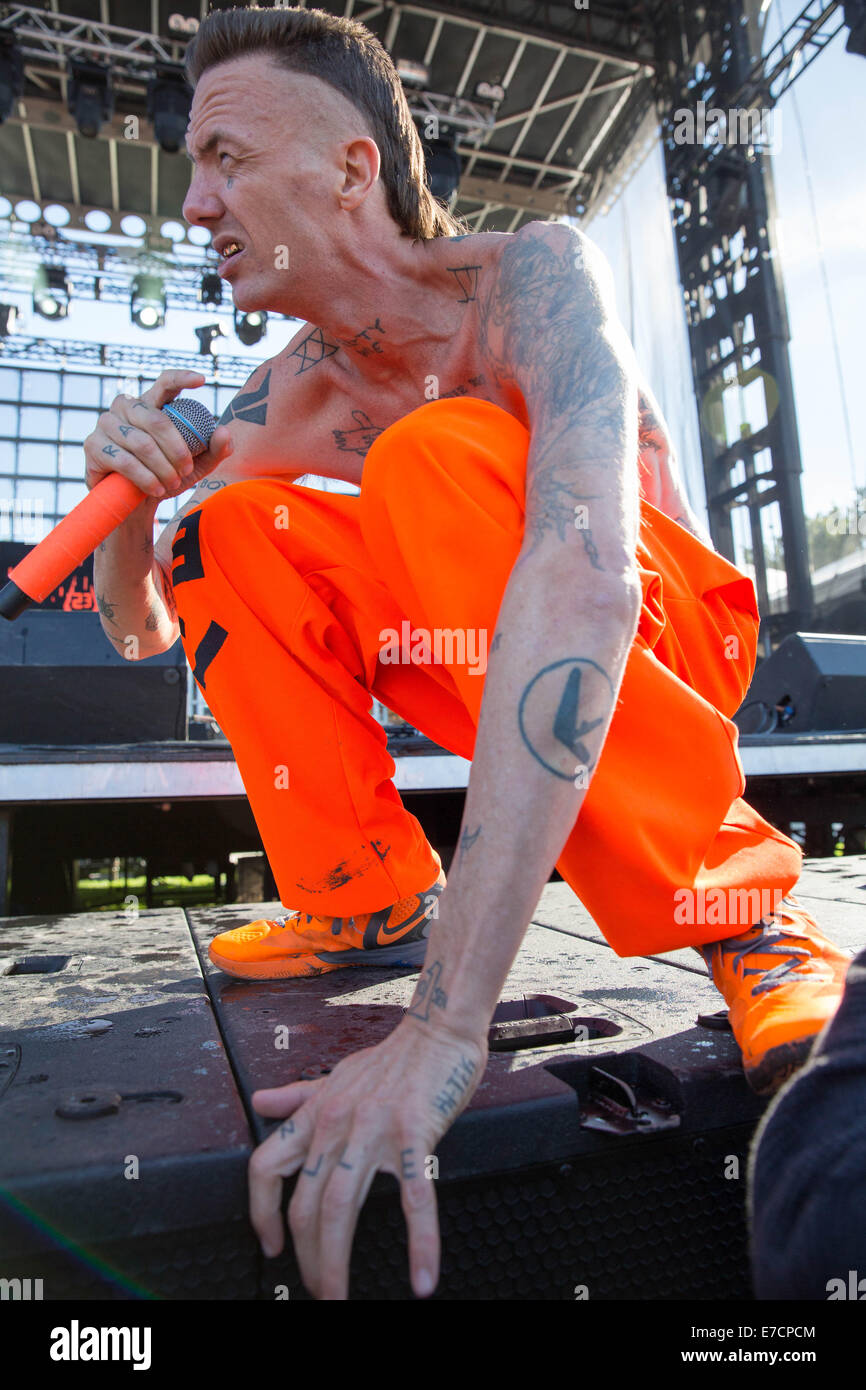 Chicago, Illinois, USA. 13th Sep, 2014. Rapper NINJA of the band Die Antwoord performs live at 2014 Riot Fest music festival at Humboldt Park in Chicago, Illinois © Daniel DeSlover/ZUMA Wire/Alamy Live News Stock Photo