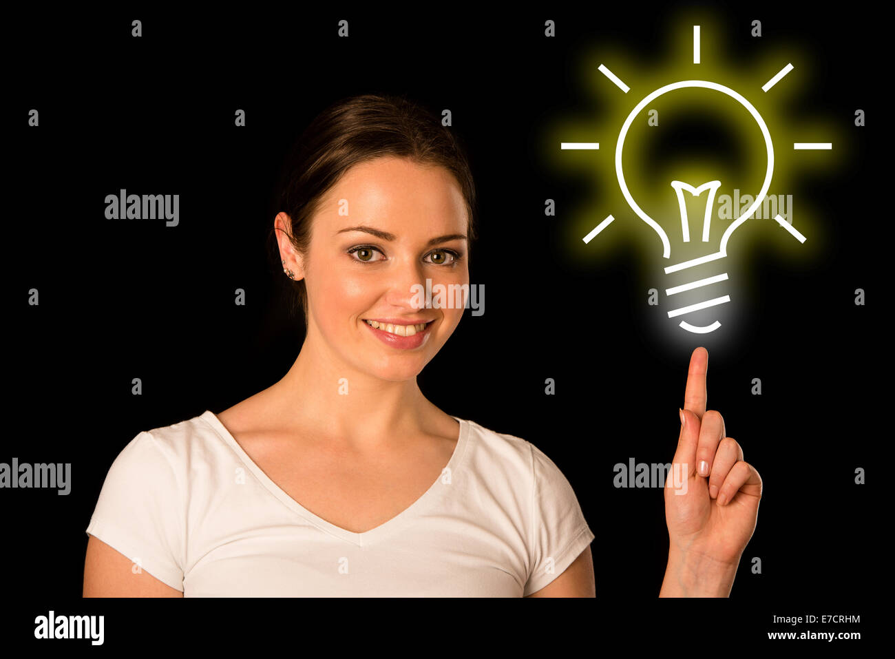 rful young asian caucasian woman pointing to copyspace Stock Photo