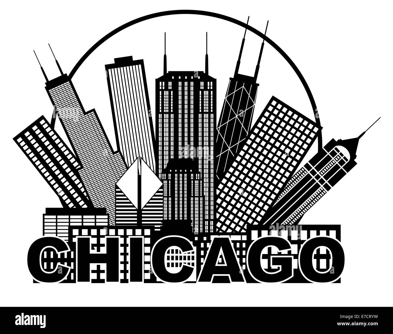 Chicago City Skyline Panorama Black Outline Silhouette in Circle with Text Isolated on White Background Illustration Stock Photo
