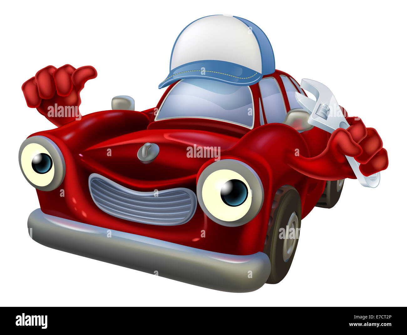 An illustration of a red cartoon car character wearing a baseball cap hat and holding a spanner while giving a thumbs up. Stock Photo
